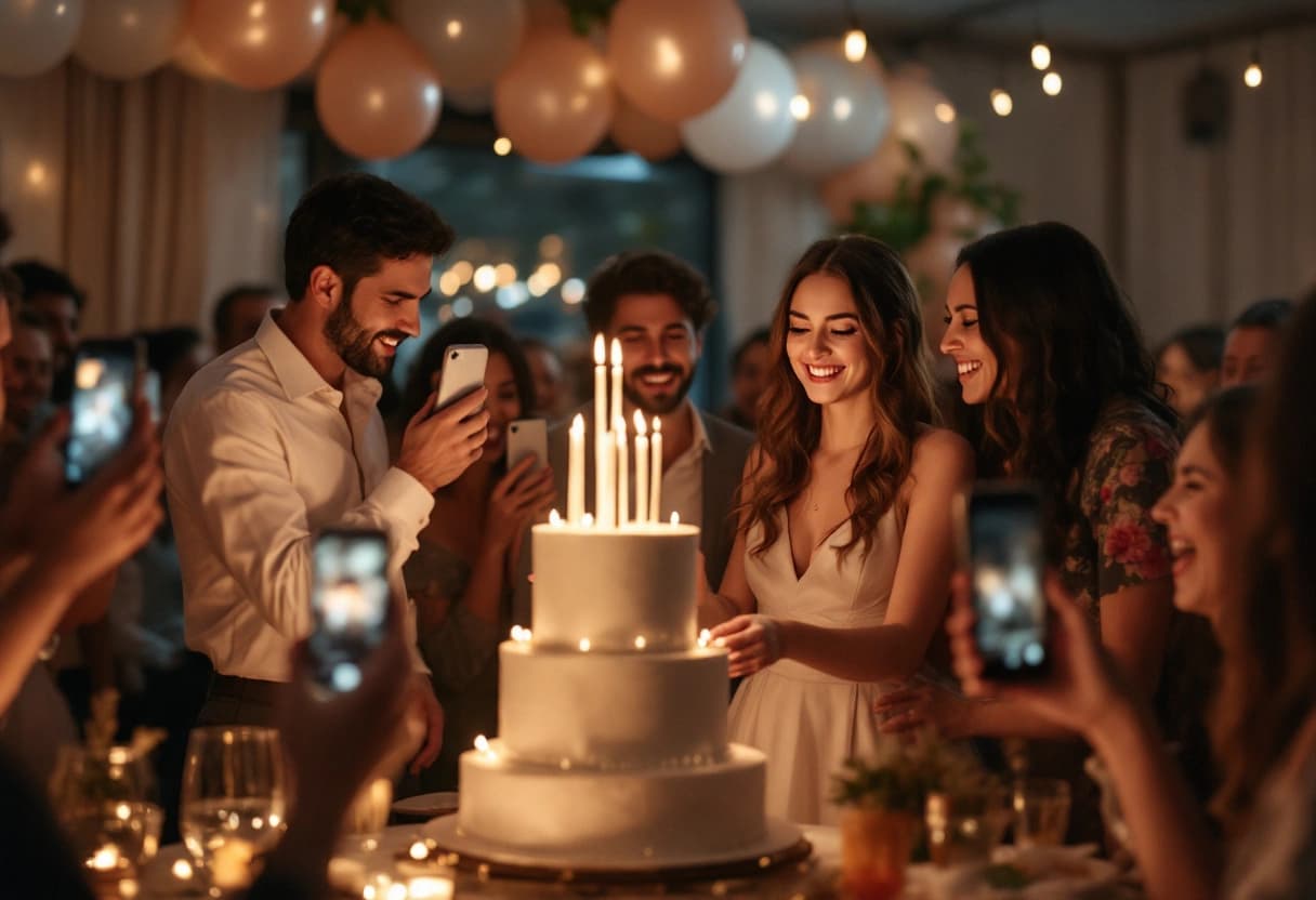 Festeggiata di 18 anni che taglia una torta a piani in una sala ricevimenti, con i genitori accanto e gli amici che applaudono