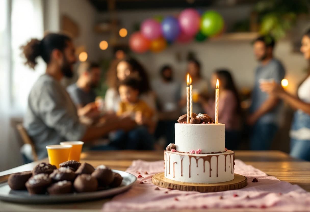 Festa de aniversário pequena em casa, com bolo decorado, brigadeiros e balões