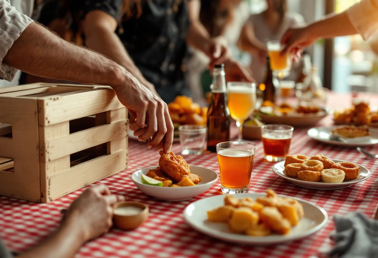 Mesa de festa boteco num salão de festas de condomínio, com toalha xadrez, caixotes de madeira, salgados fritos, cerveja e caipirinha