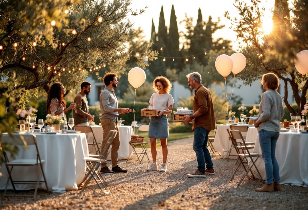 Amici che allestiscono una festa di compleanno nel giardino di una casa di campagna, con lucine tra gli ulivi