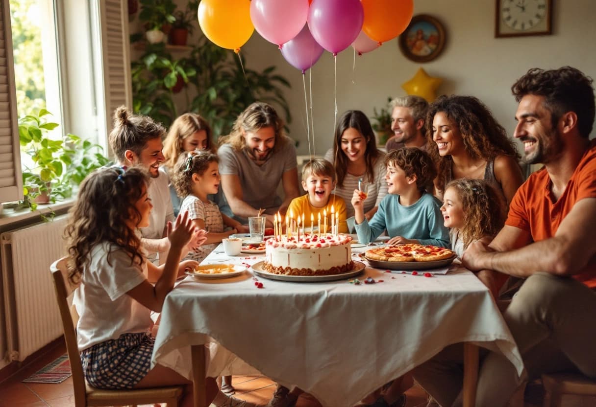 Festa di compleanno piccola in casa con torta, pizzette e palloncini sul tavolo del soggiorno