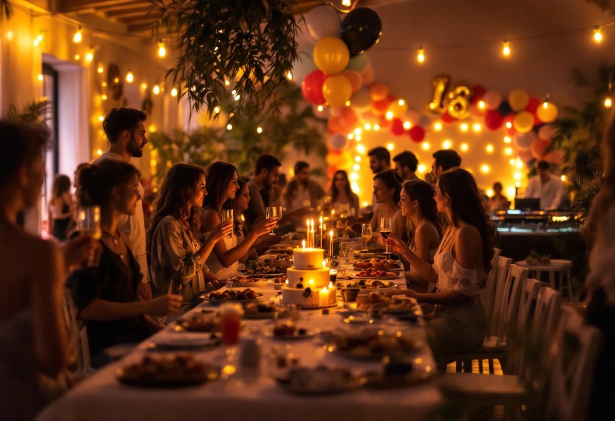 Sala allestita per una festa di diciottesimo con buffet, luci e tavoli per circa 80 invitati