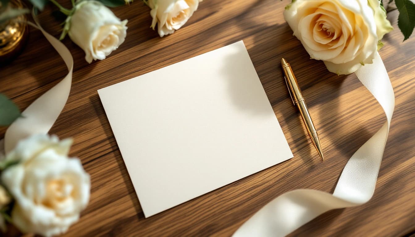 Tarjeta de confirmación de asistencia a boda junto a una pluma sobre una mesa decorada con flores