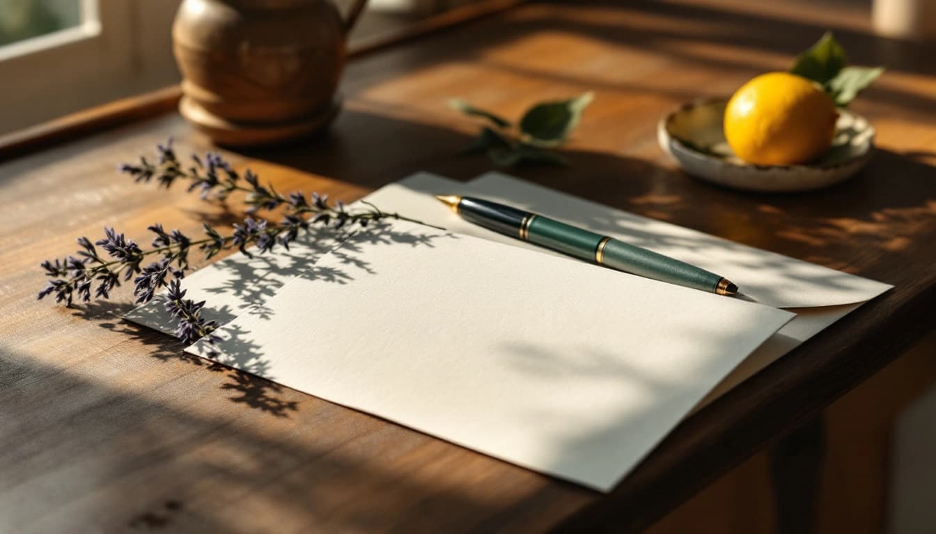 Partecipazione di matrimonio in carta avorio con busta chiusa da ceralacca verde su una scrivania in legno