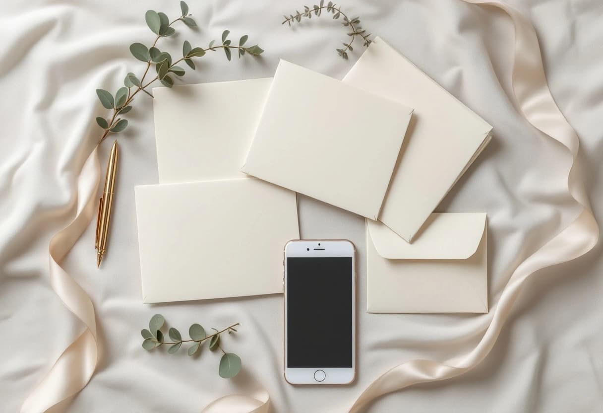 Cartões de convite em branco, envelopes e um celular sobre linho, representando a divisão entre criar o convite e acompanhar as respostas