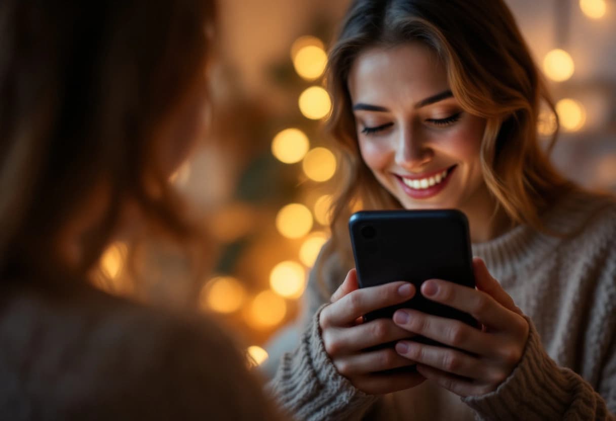 Anfitriã sorrindo para o celular depois de compartilhar o link do convite em um grupo de conversa