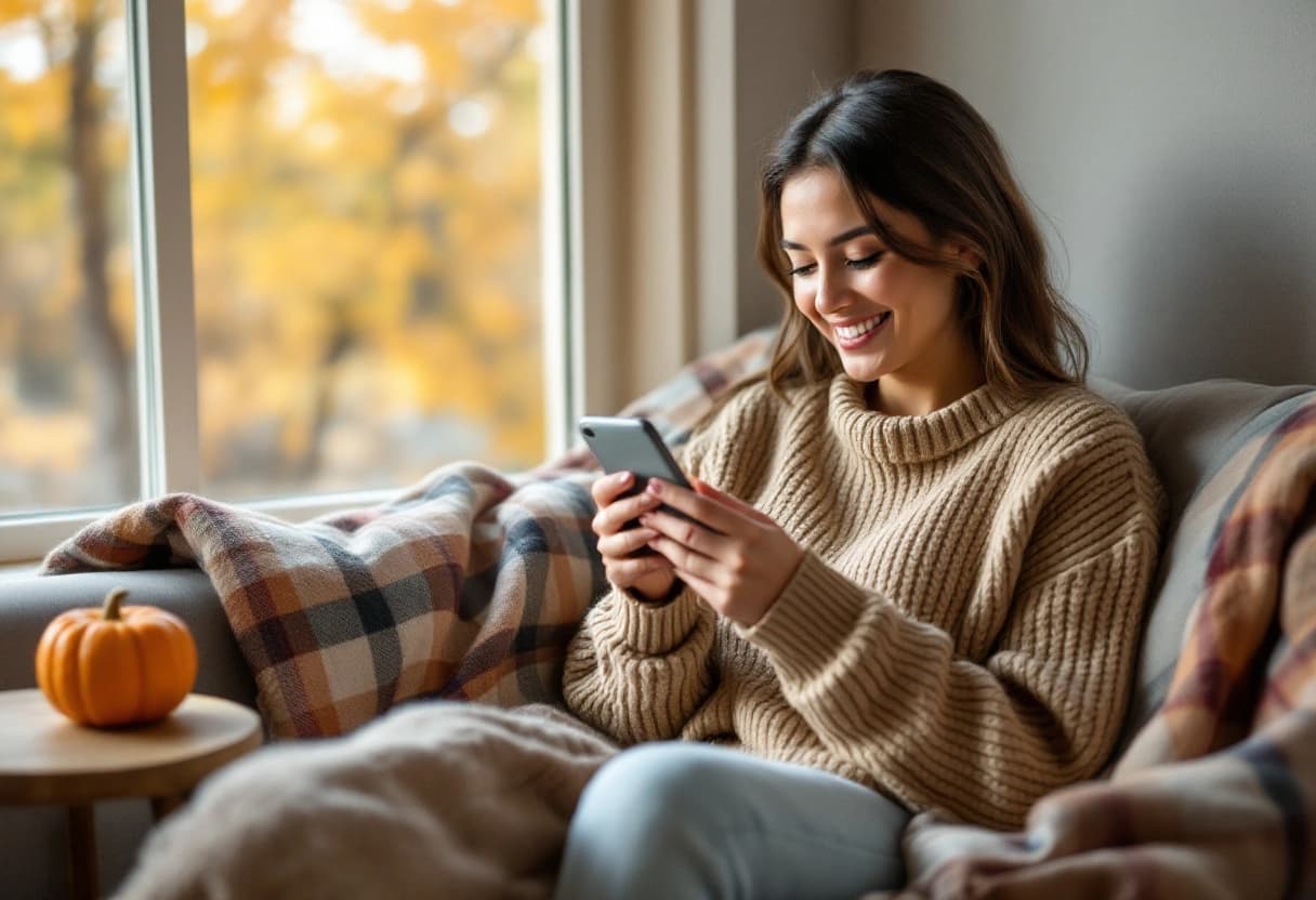 Woman in a knit sweater on a sofa by an autumn window, smiling as she reads a Friendsgiving invitation on her phone