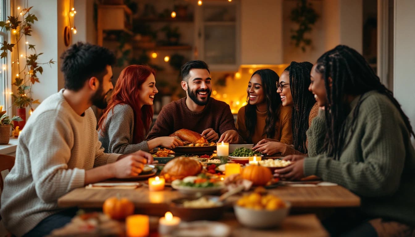 Six friends laughing around a candlelit Friendsgiving table with a roast turkey, small pumpkins and potluck side dishes