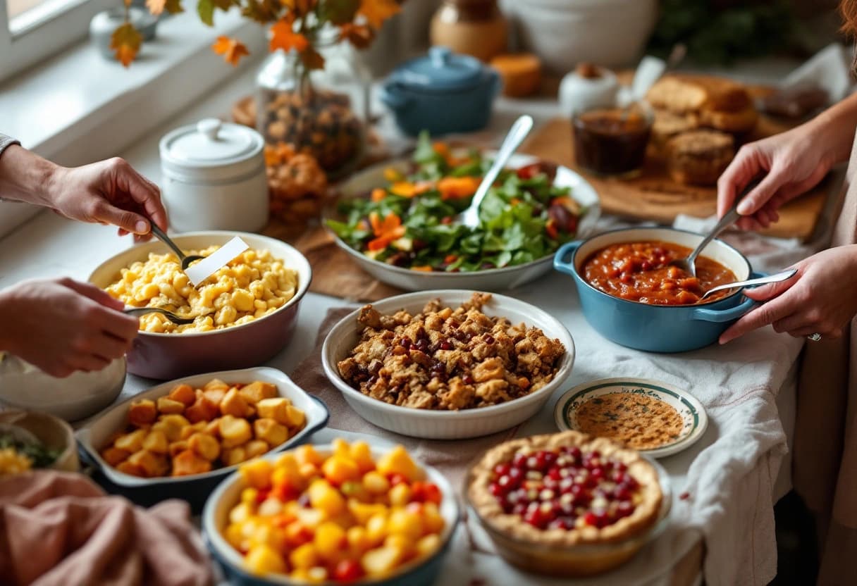Friendsgiving potluck dishes laid out on a counter, including mac and cheese, stuffing, roasted squash, a salad and a cranberry tart