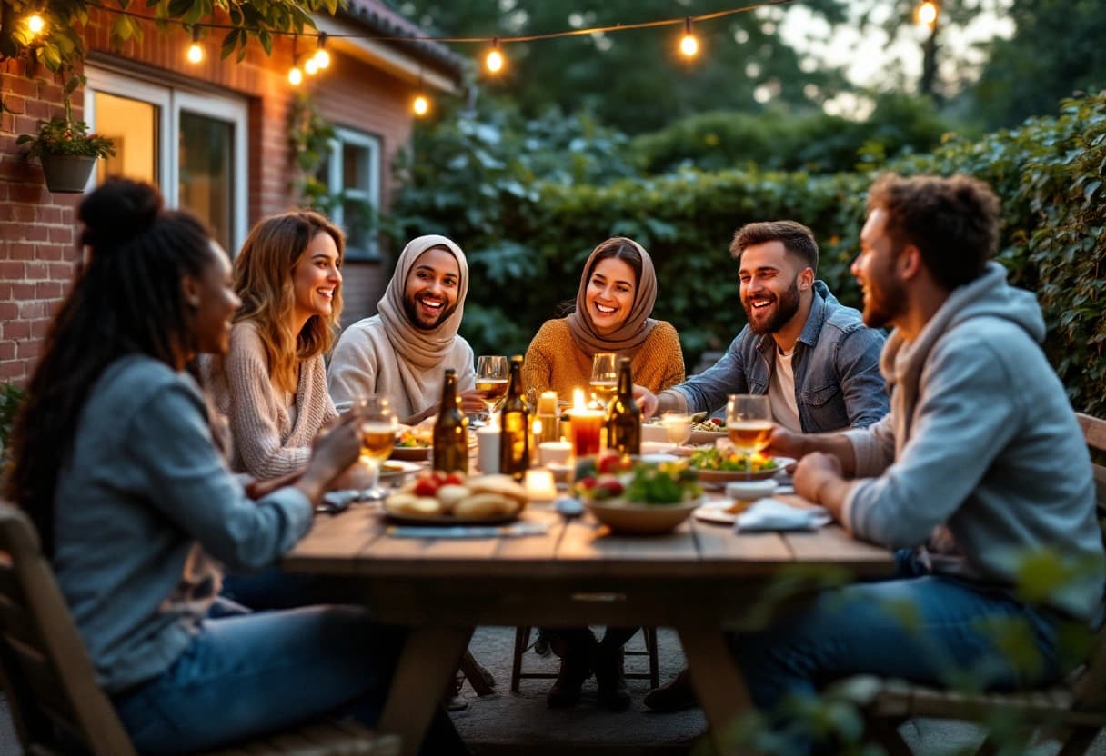 Kleine Geburtstagsfeier im Garten mit gedeckter Holztafel, Lichterkette und Freunden im Gespräch