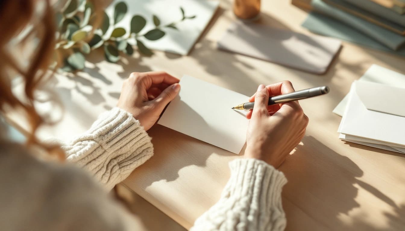 Frau schreibt den Text für eine Geburtstagseinladung von Hand auf eine Karte, daneben liegen Umschläge