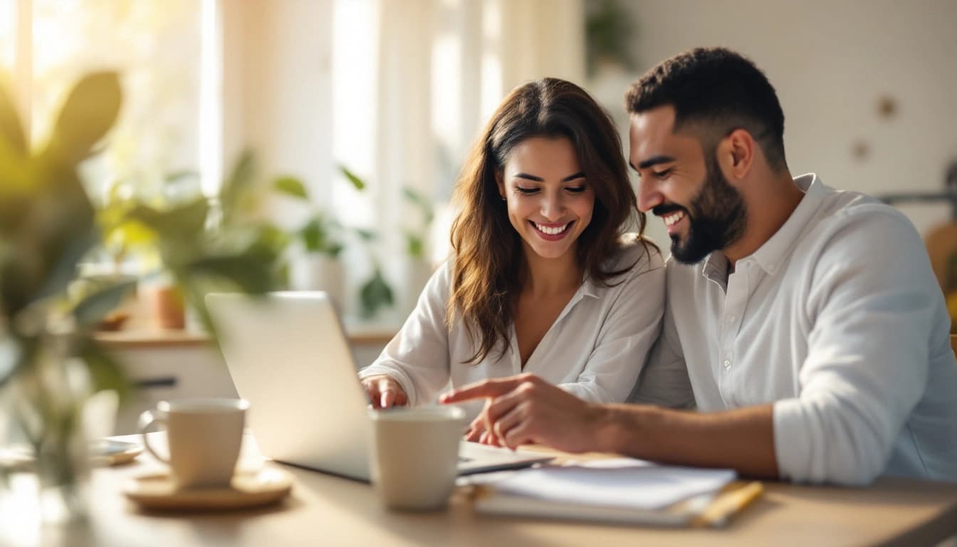 Pareja de novios revisando su lista de invitados de boda en una laptop sobre la mesa de la cocina