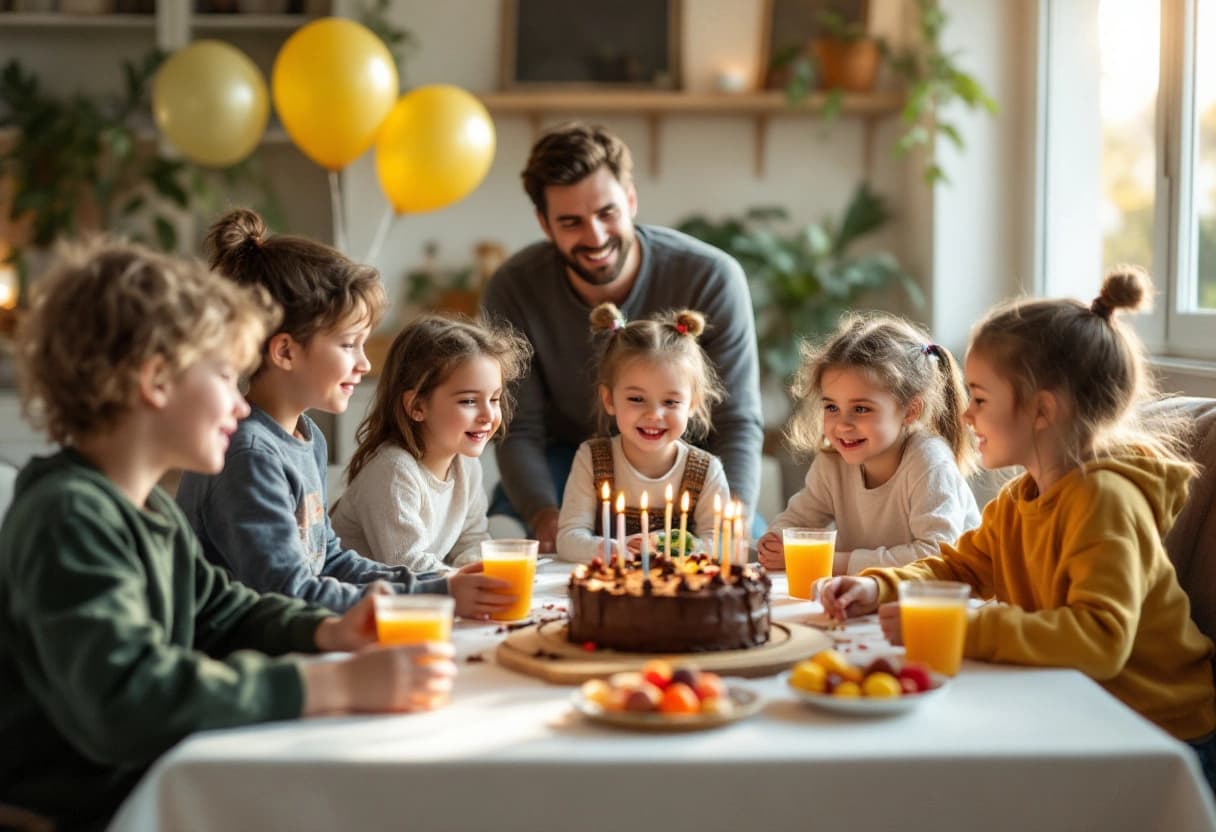 Goûter d'anniversaire d'enfants à la maison, avec gâteau, jus et ballons sur la table du salon