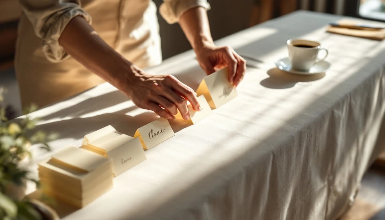 Hands arranging place cards in rows on a linen table while managing an event guest list