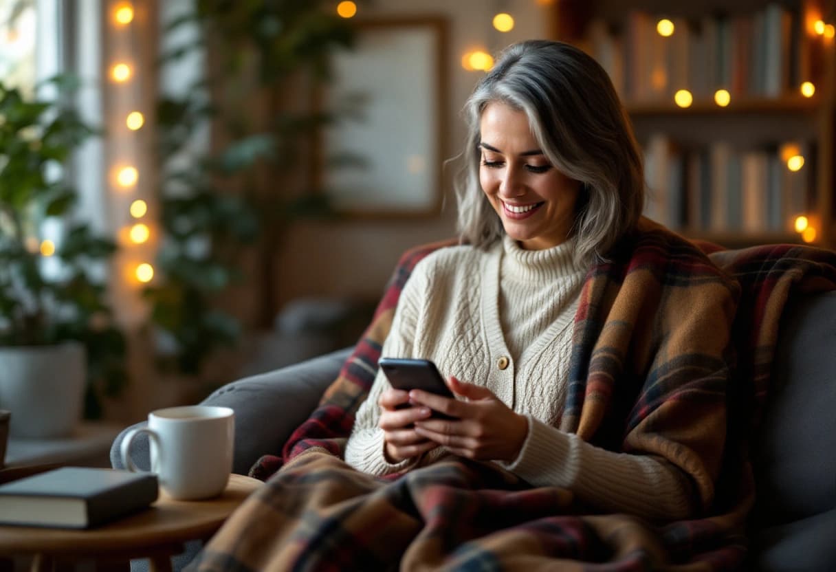Woman in a cream cardigan under a plaid blanket smiling as she replies to a Christmas party invitation on her phone