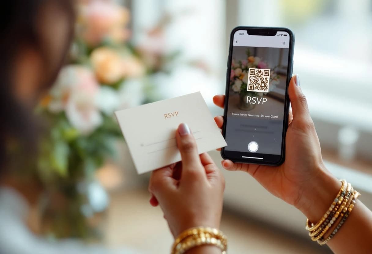 Wedding guest scanning a QR code on an invitation with a smartphone to access the RSVP page