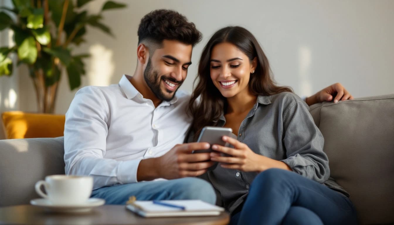 Pareja de novios revisando en un teléfono el panel de confirmaciones de su RSVP de boda online