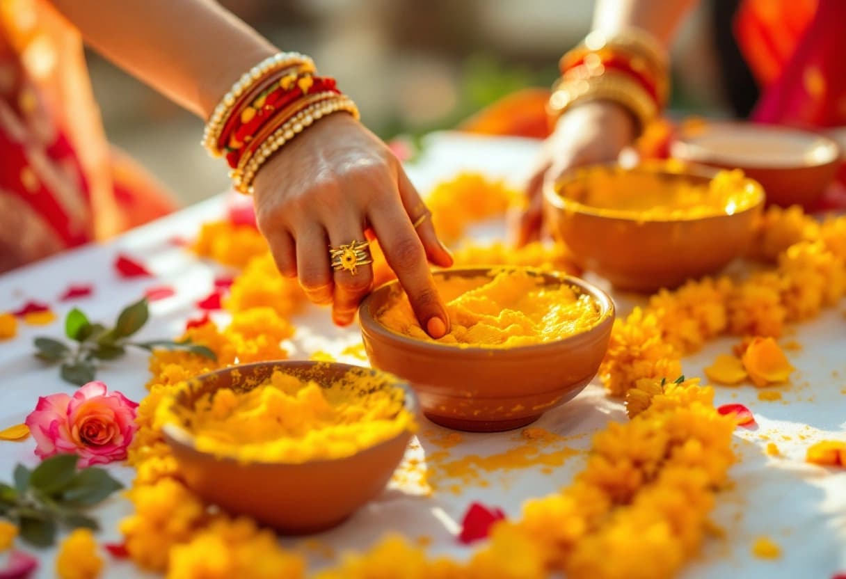 Haldi ceremony setup with turmeric bowls, marigold flowers, and yellow decorations