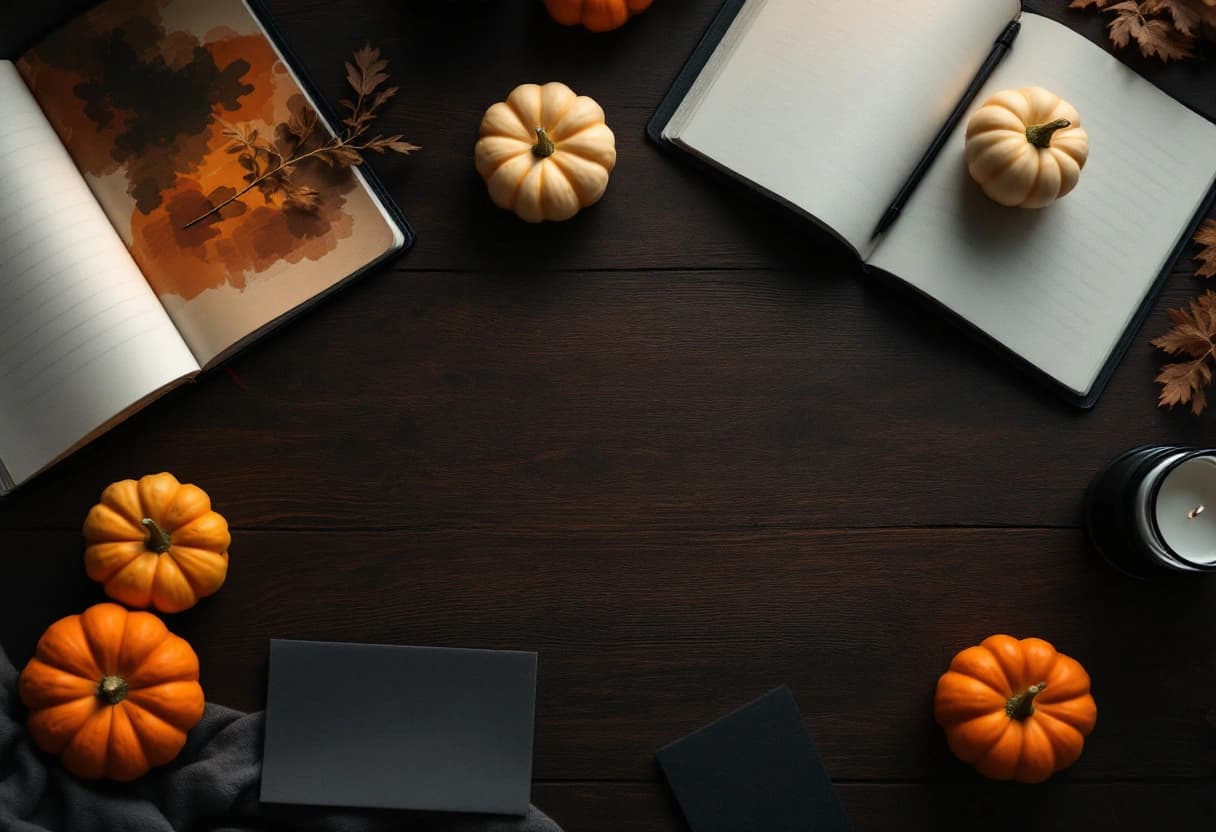 A notebook, a phone, small pumpkins and a folded blank card laid out on a dark table under warm lamplight