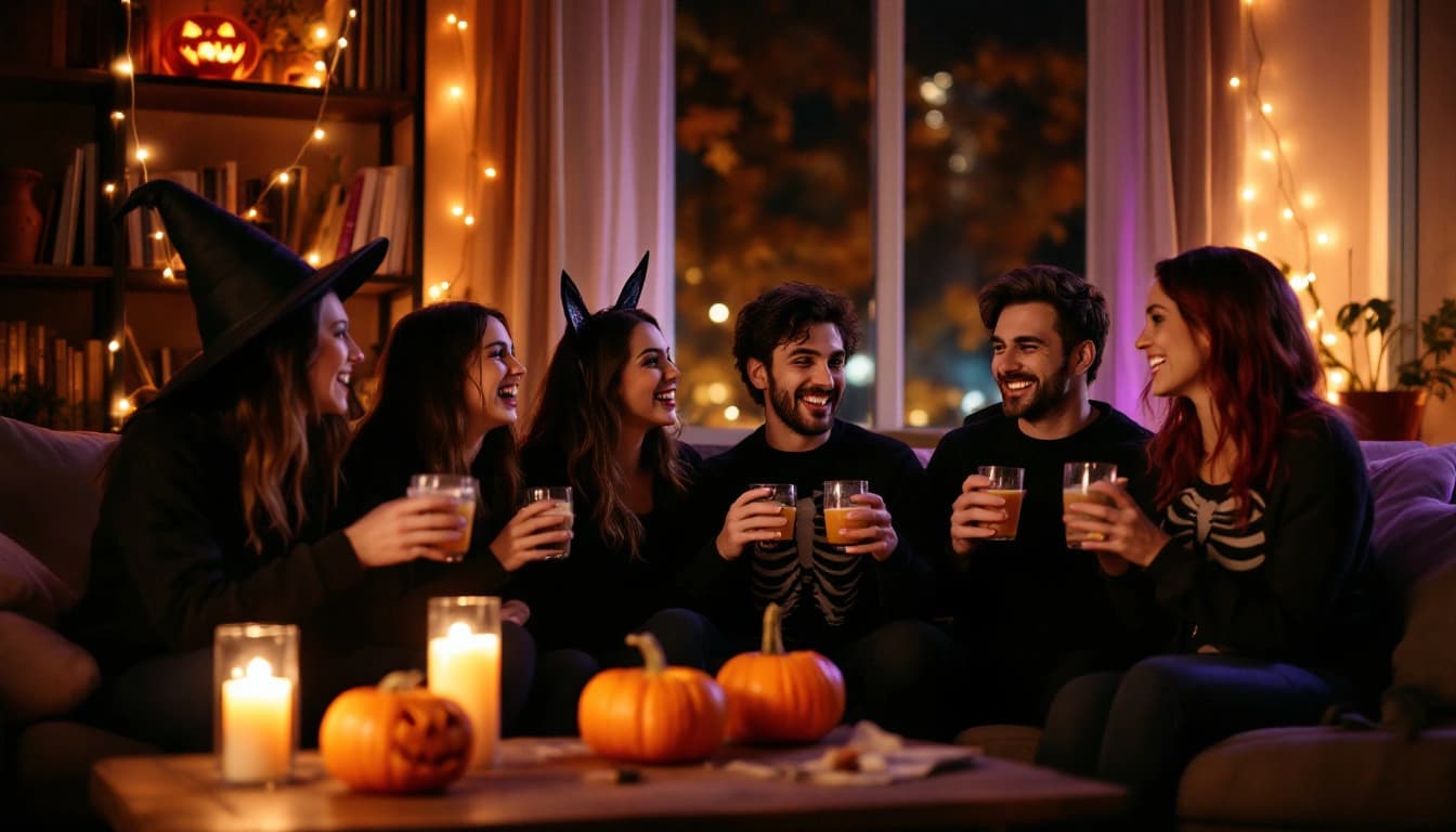 Friends in Halloween costumes laughing in a candlelit living room decorated with carved pumpkins