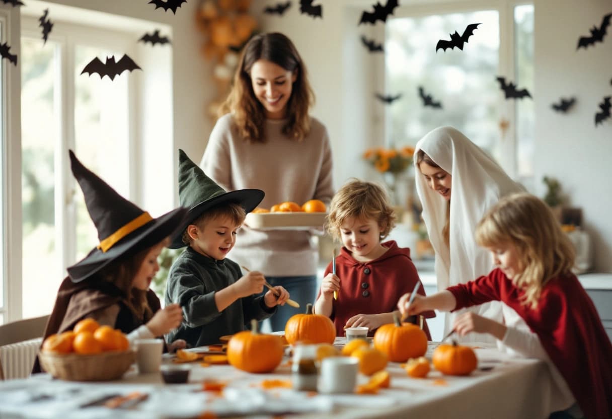 Children in Halloween costumes decorating small pumpkins at a party table while a parent watches from behind