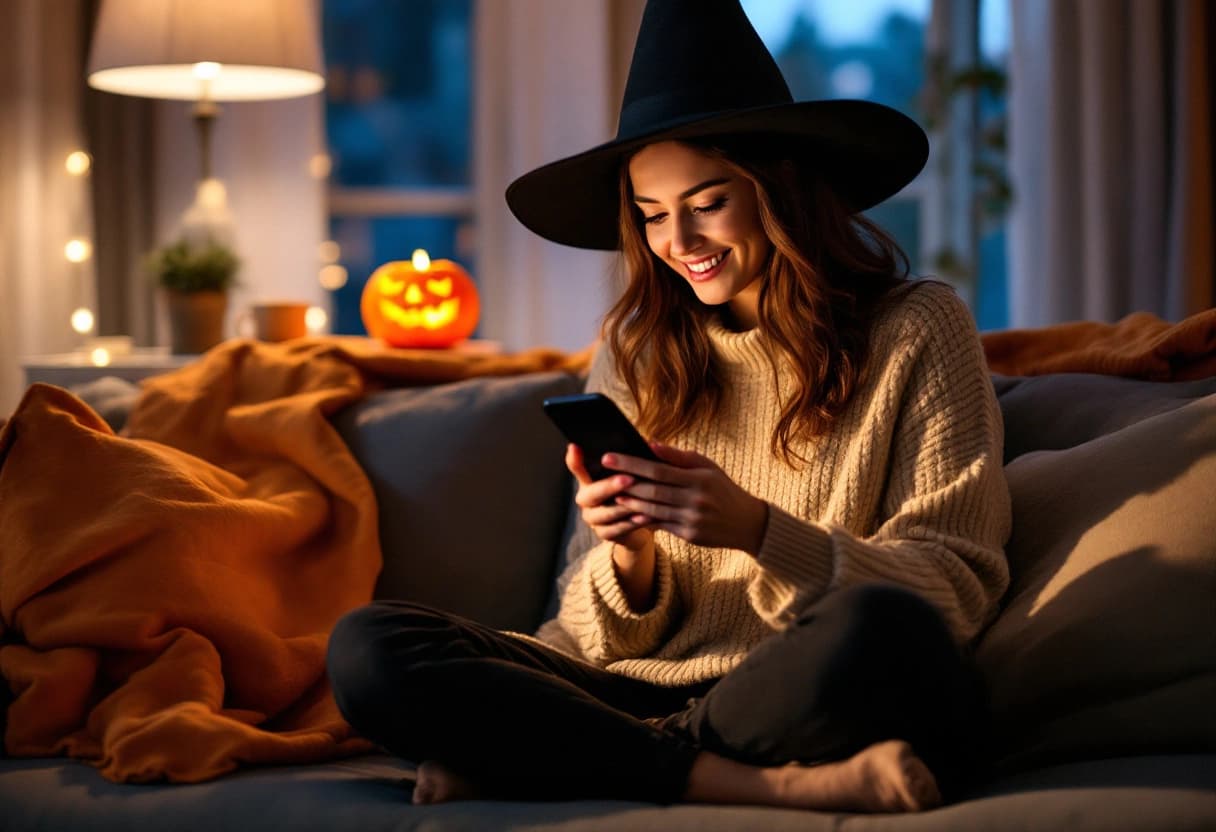 Woman in a witch hat on a sofa typing a Halloween party invitation on her phone, with a carved pumpkin on the side table