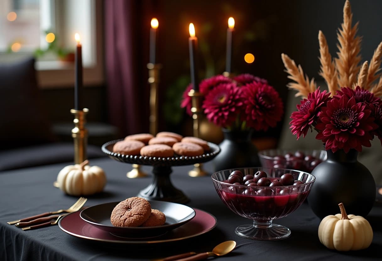A party table with black taper candles, iced cookies on a cake stand, a punch bowl and dark red flowers