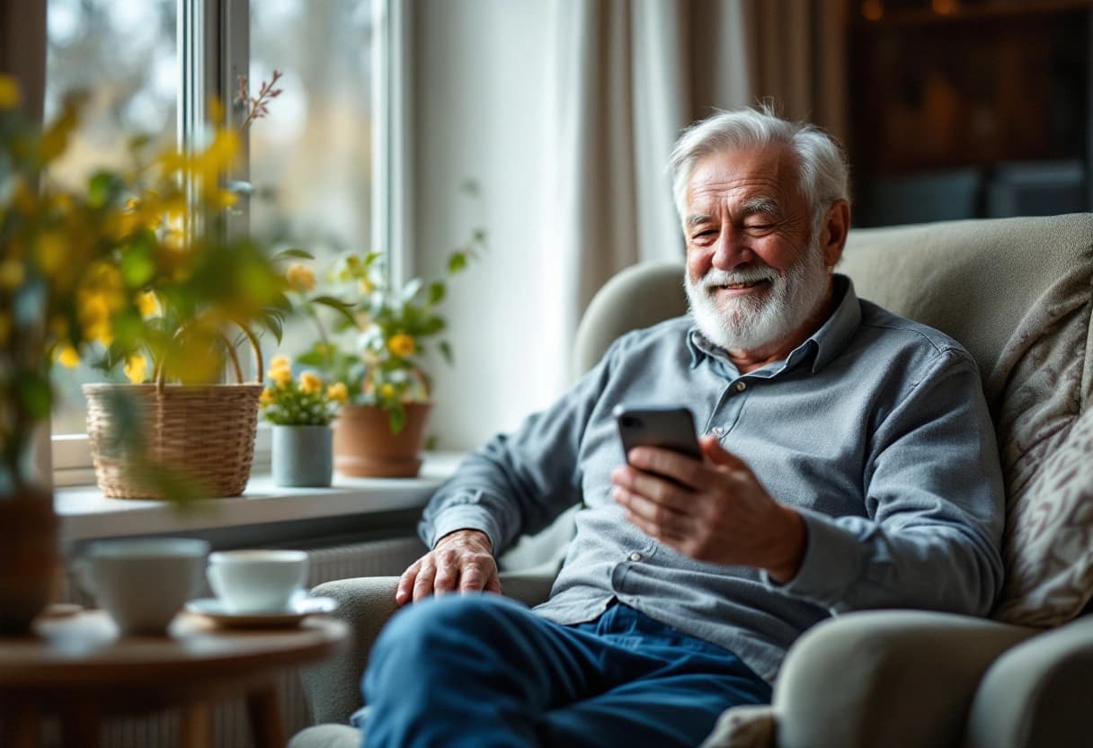 Opa zit in een leunstoel en glimlacht naar zijn telefoon terwijl hij reageert op een uitnodiging voor een bruiloft