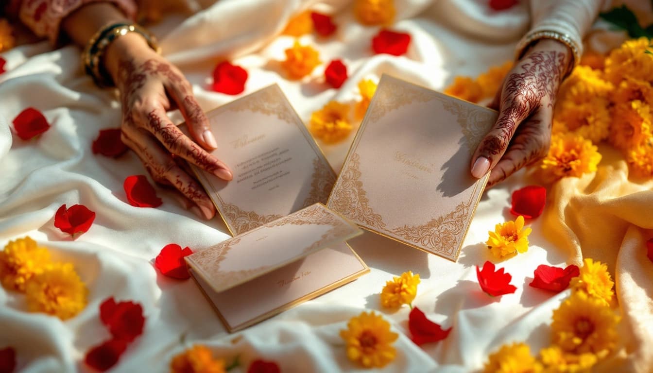 Hindu wedding invitation card with marigold flowers and gold calligraphy wording examples
