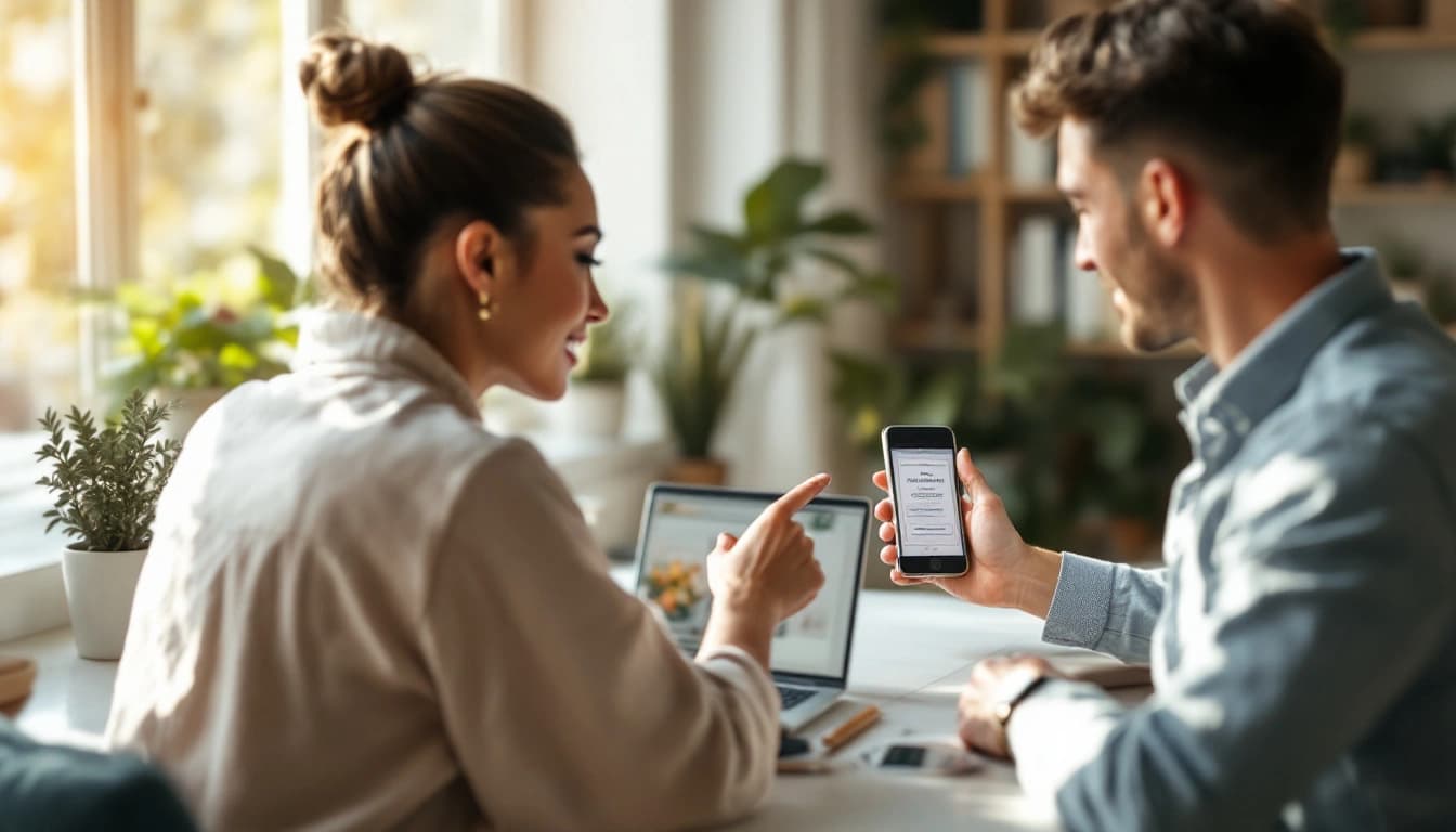 Couple reviewing a Canva wedding invitation on a laptop while setting up an RSVP link