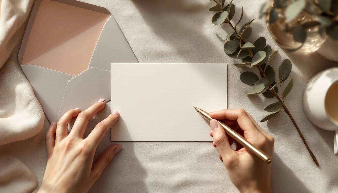 Hands filling out a wedding RSVP card at a table beside the invitation envelope