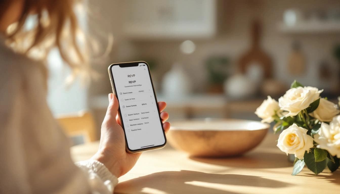 Bride reviewing wedding RSVP responses on her phone with a cup of coffee