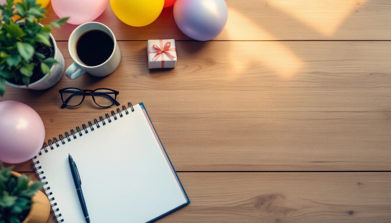 Birthday party planning checklist on a clipboard next to balloons and a wrapped gift on a table