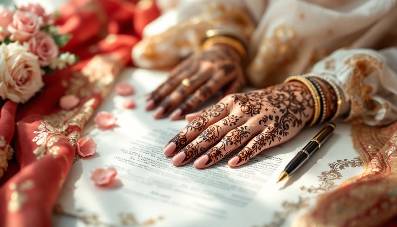 A South Asian Muslim couple in modest wedding attire on their Nikah day
