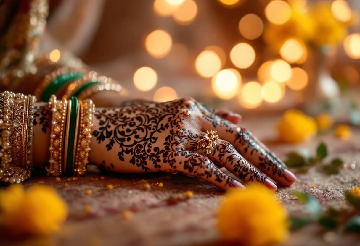 Las manos de una novia cubiertas con intrincados patrones de mehndi en una celebración de Noche de Mehndi