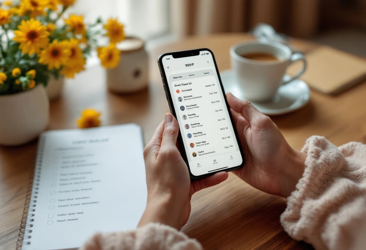 Un teléfono mostrando una lista de invitados con RSVP junto a un checklist de planificación y una taza de chai