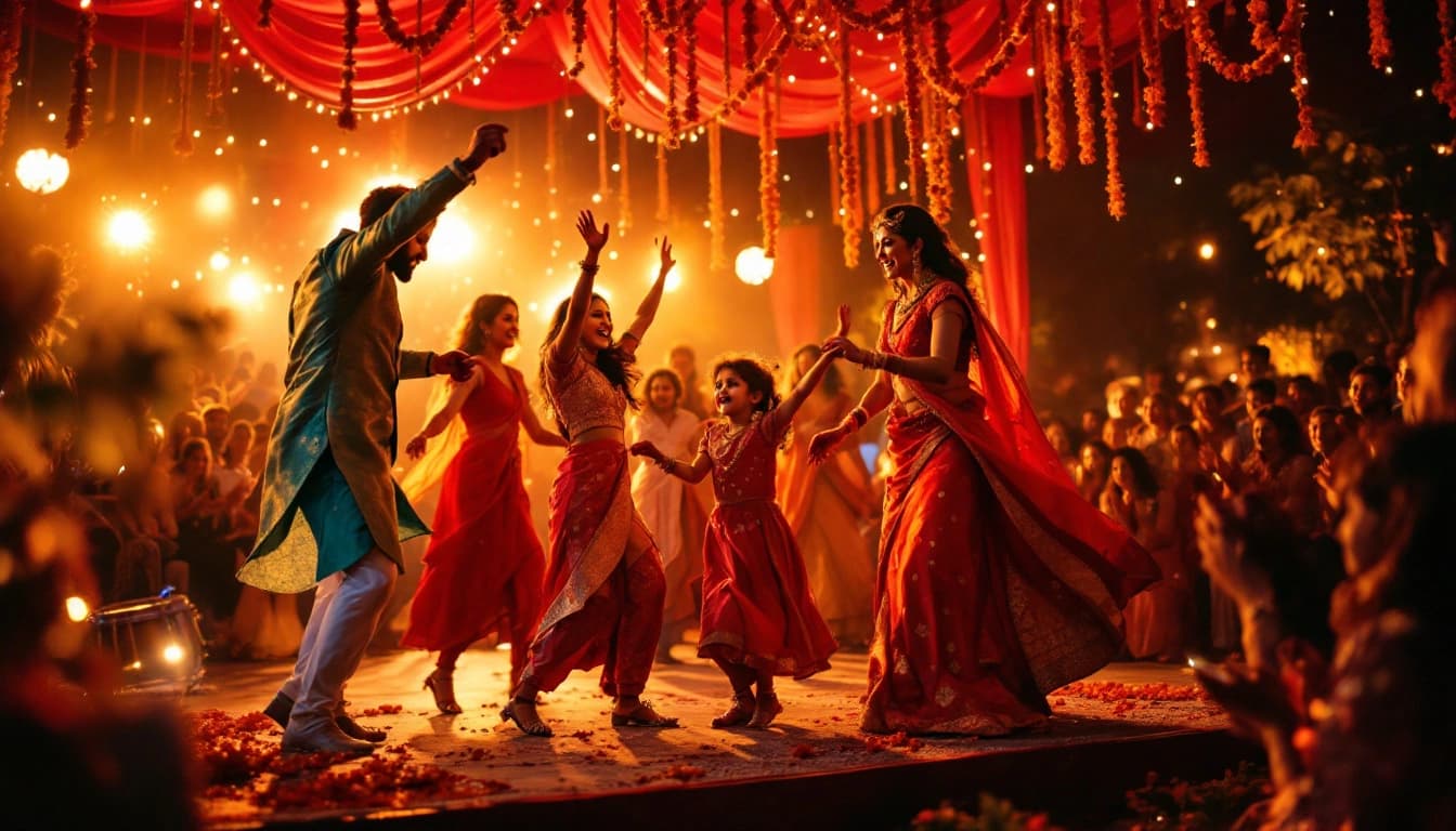 South Asian family dancing on a marigold-draped stage at a sangeet night celebration