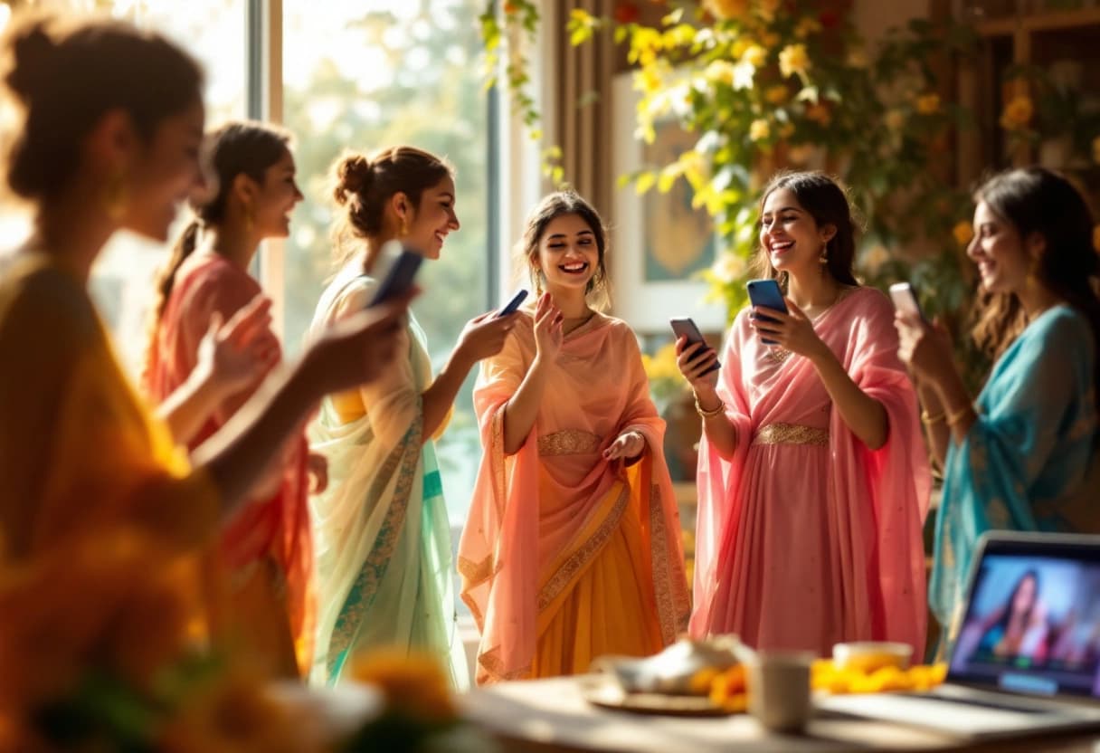South Asian cousins rehearsing a choreographed sangeet dance in a living room