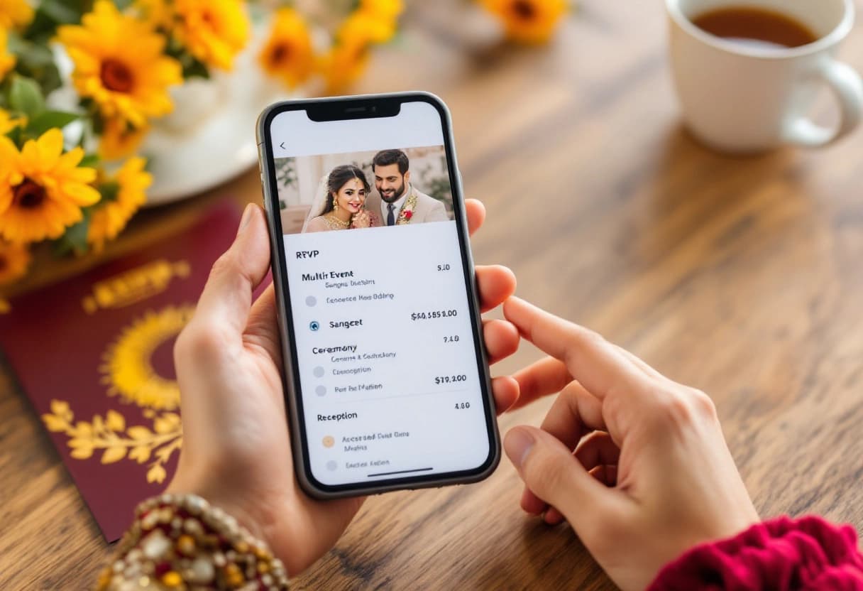 Hands holding a phone showing a multi-event wedding RSVP with separate sangeet, ceremony, and reception listings