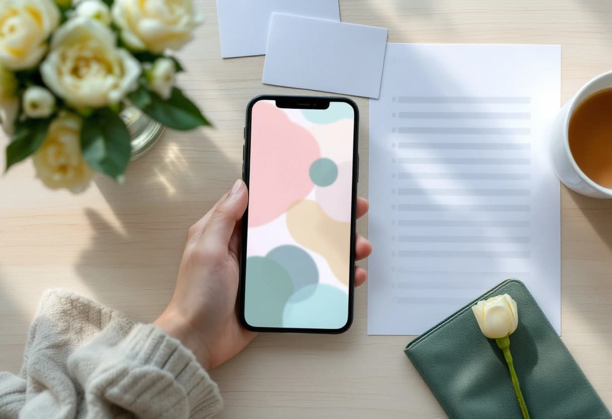 Bureau avec un téléphone, une liste d'invités de mariage imprimée et des cartons réponse vierges