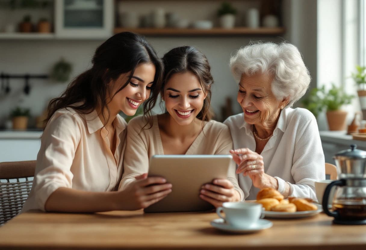 Noiva conferindo os planos do casamento num tablet com a irmã e a avó