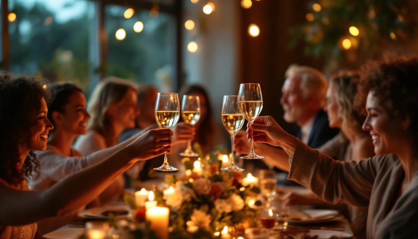Adultos brindando con copas de vino en una cena de cumpleaños importante con luces cálidas de fondo