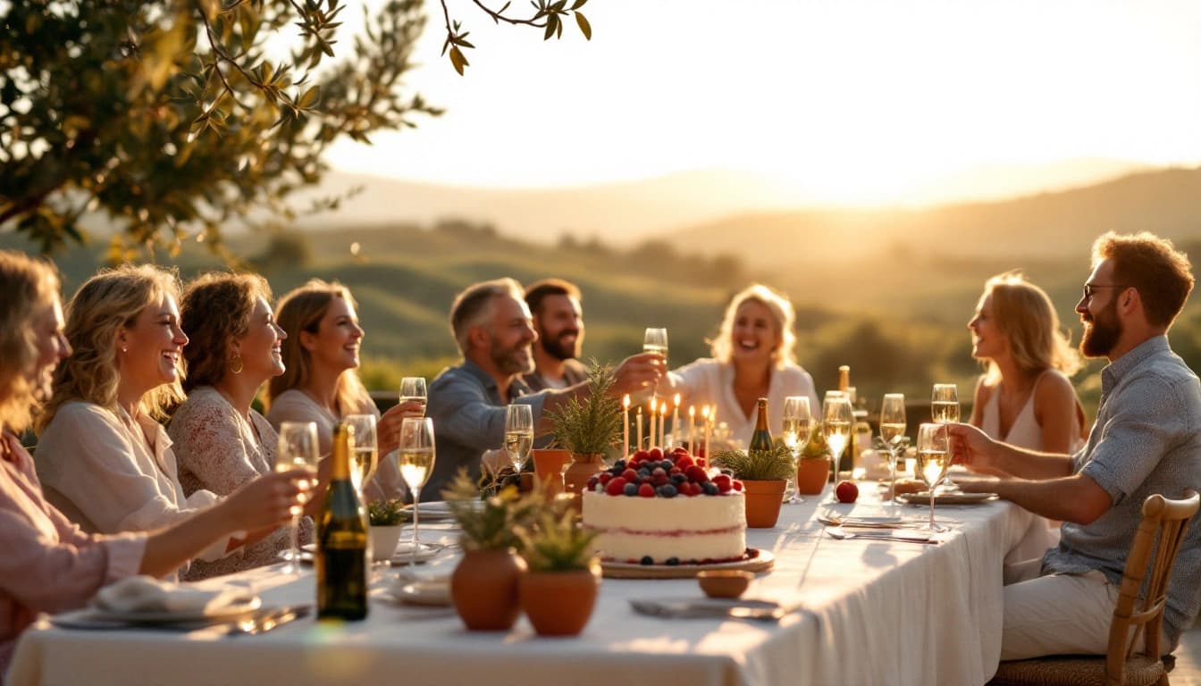 Brindisi con il prosecco per un compleanno importante sulla terrazza di un agriturismo, tra gli ulivi al tramonto