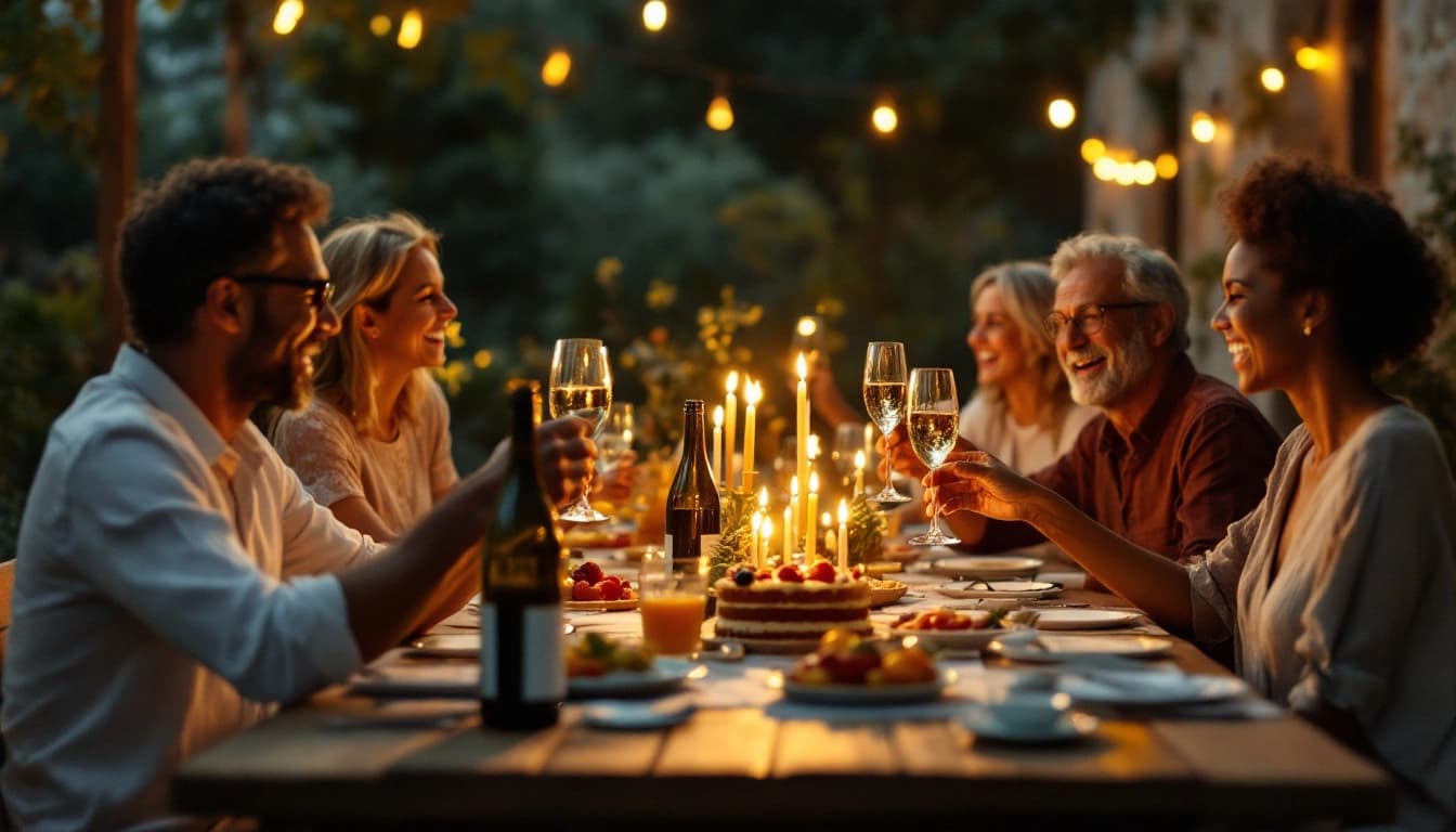 Dîner d'anniversaire en soirée dans le jardin d'une maison de campagne en pierre, les invités levant leur coupe de champagne