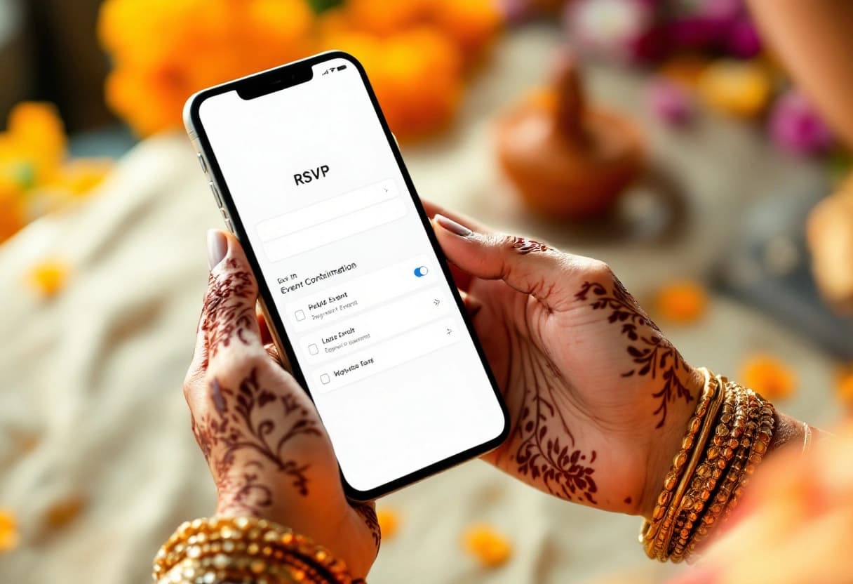 Close-up of hands holding a smartphone showing a digital Indian wedding RSVP confirmation screen