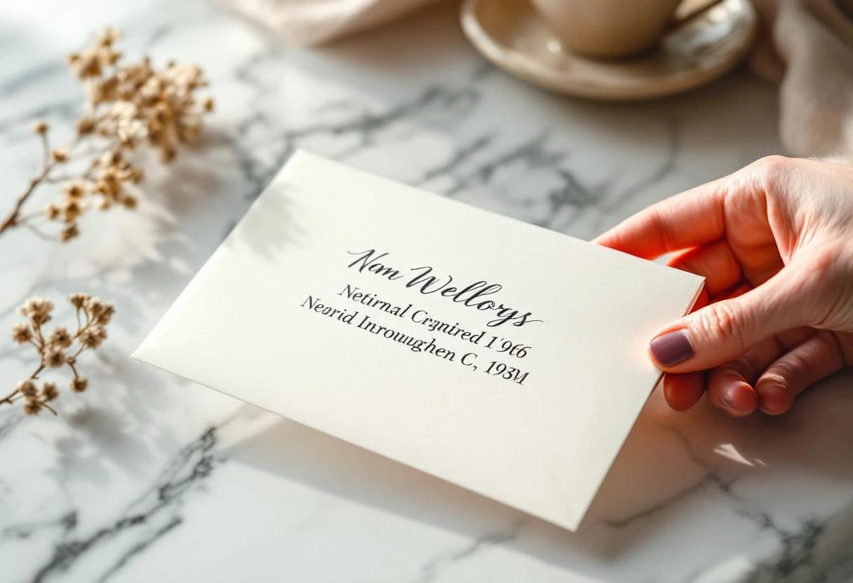 Calligraphy addressing on wedding invitation envelopes showing proper name formatting