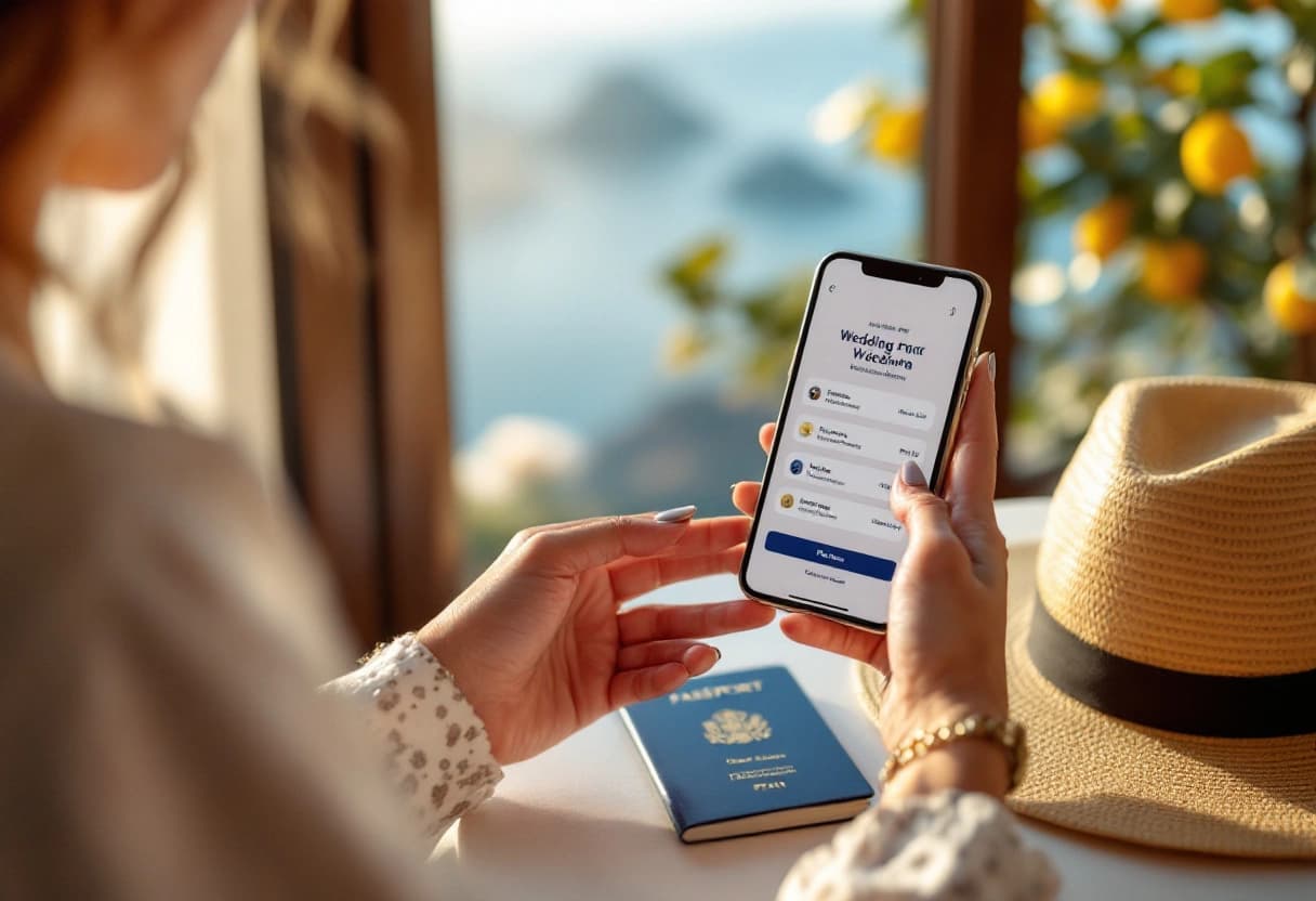 Guest reviewing a multi-event digital wedding invitation on her phone with an Italian coastline behind her
