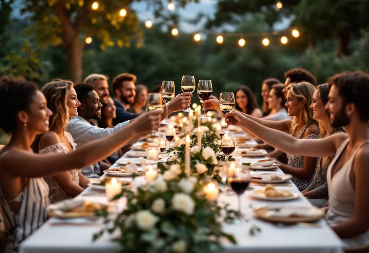 International wedding guests raising a toast at an outdoor welcome dinner in Italy at dusk
