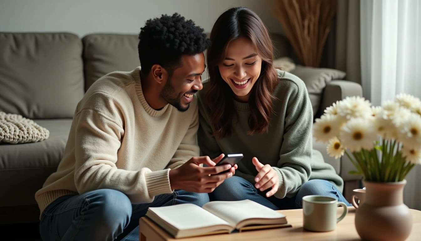 Newly engaged couple sitting together with a phone and notebook, planning what to do first after getting engaged