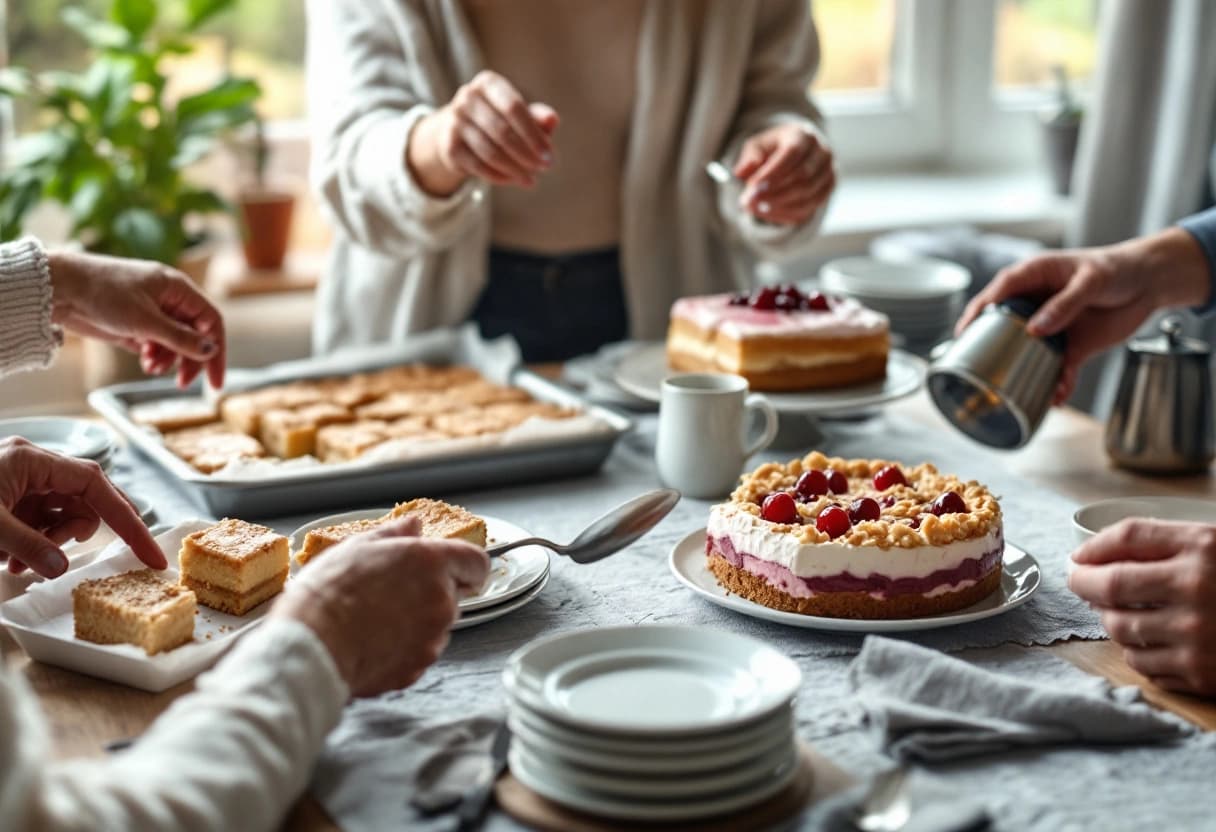Kaffeetafel mit Blechkuchen, Torte und Kaffeekanne bei einer Geburtstagsfeier am Nachmittag